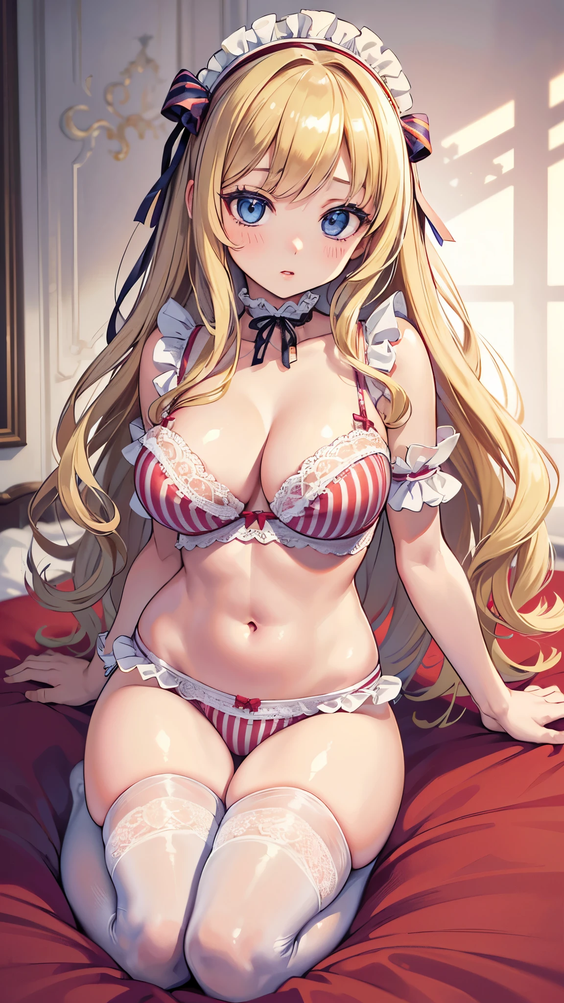 ((highest quality、High resolution、Highly detailed CG Unity 8K wallpaper))、detailed face、perfect body、unparalleled beauty、blonde、beautiful breasts、open your legs、Embarrassing erotic smile、skirt、((she shows no panties))、((((POV、She is lying、having sex))))、Love juice dripping from the vagina
