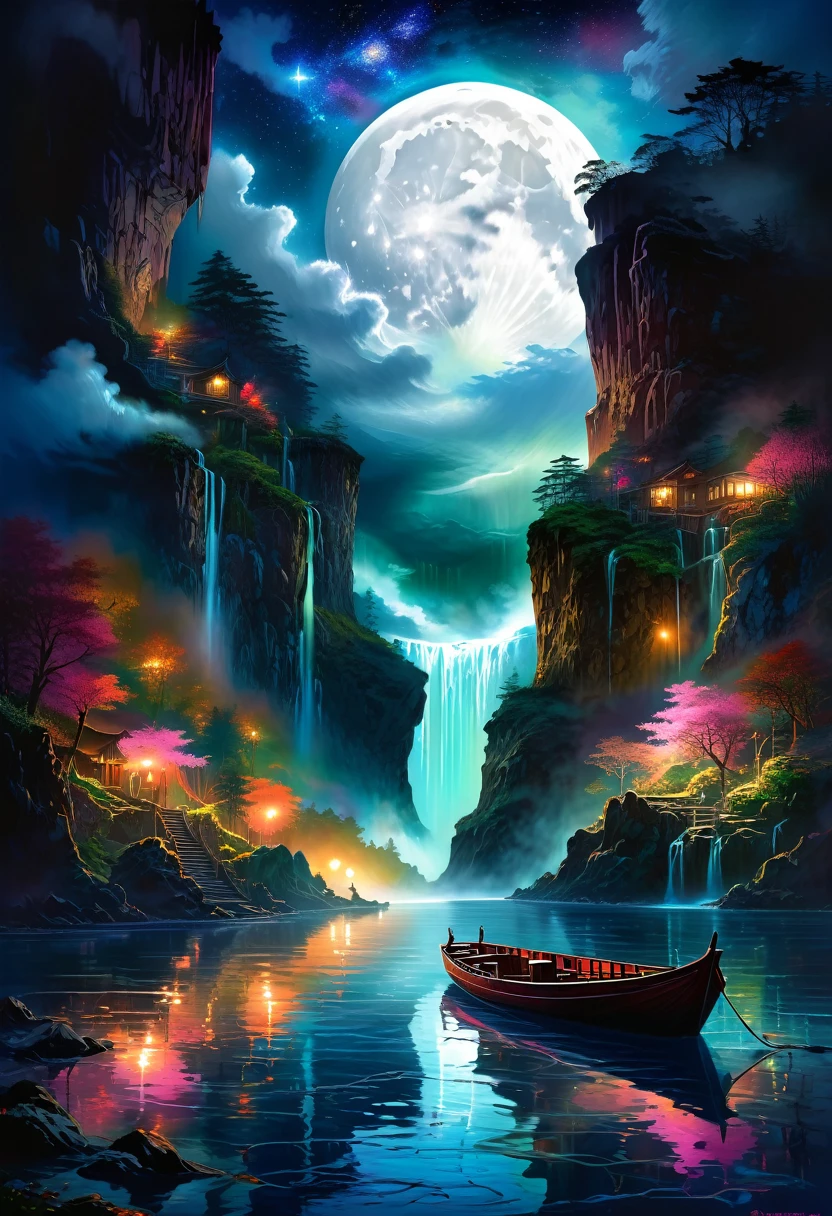 Midjourney, MJ, Midjourney style, poster, manga, anime, 
Under the eerie glow of a full moon, a dark and ominous landscape unfolds. A vibrant, colorful boat floats on the serene lake, its vivid hues contrasting starkly with the foreboding atmosphere. In the background, a waterfall cascades down jagged rocks, the water glistening in the moonlight. Thick, swirling clouds loom overhead, adding to the sense of an evil presence. The moonlight filters through the clouds, casting an otherworldly glow over the scene. A falling star streaks across the sky, adding a touch of mysticism to the night. The air is thick with a sense of ancient secrets and dark magic, as if the very night is alive with hidden power. As daylight breaks, light glows on the landscape, illuminating the boat and the surrounding scenery with a surreal brightness. [romantic impressionism,dream scenery art,beautiful oil matte painting,romantic,style of thomas kinkade,beautiful digital painting,anime landscape,romantic painting,dreamlike digital painting,colorful painting,beautiful gorgeous digital 