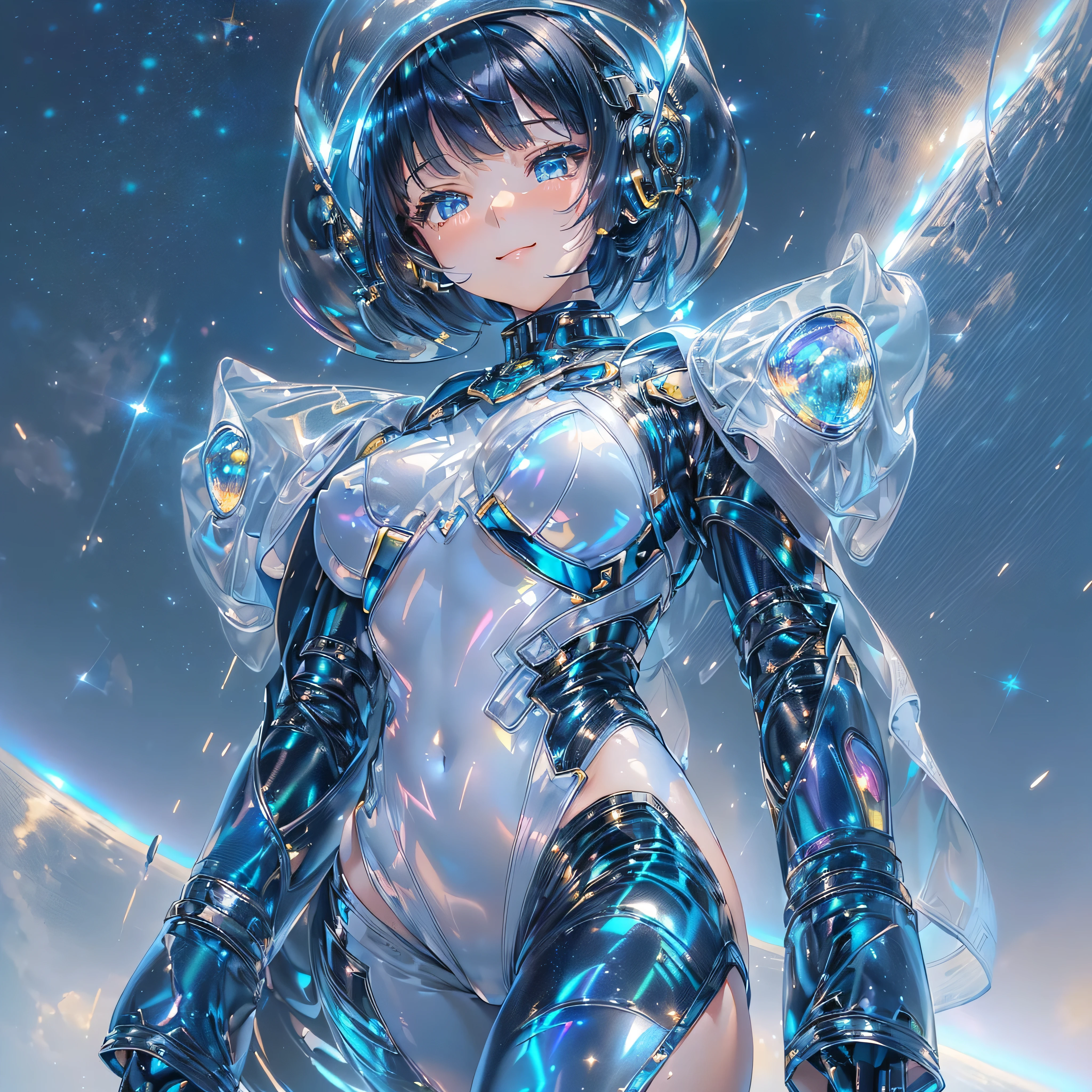 ((Holographic glow effect)),(masterpiece、Highest quality、Highest Resolution、Clear_image、Detailed details、Angle from above): (Whole body、One 20 year old girl、Japanese Faces、Small Face、Slender、Navy blue super short bob cut hair、(Hidden small breasts:1.3)、Sparkling blue eyes、Shiny pilot suit in blue and black colors、Chest protection armor、Tight fitting clothes、Clothing that covers the whole body、Glamorous clothes、Tight Fit Pants、Hide your skin、Very delicate and beautiful、Detailed Skin、hide thighs、Hide your ass、Cute、A gentle smile、Soft expression、heroine、headset、Knee-high boots、Elbow-length gloves、Eye Level Shot、Face directly、Woman on a spaceship)