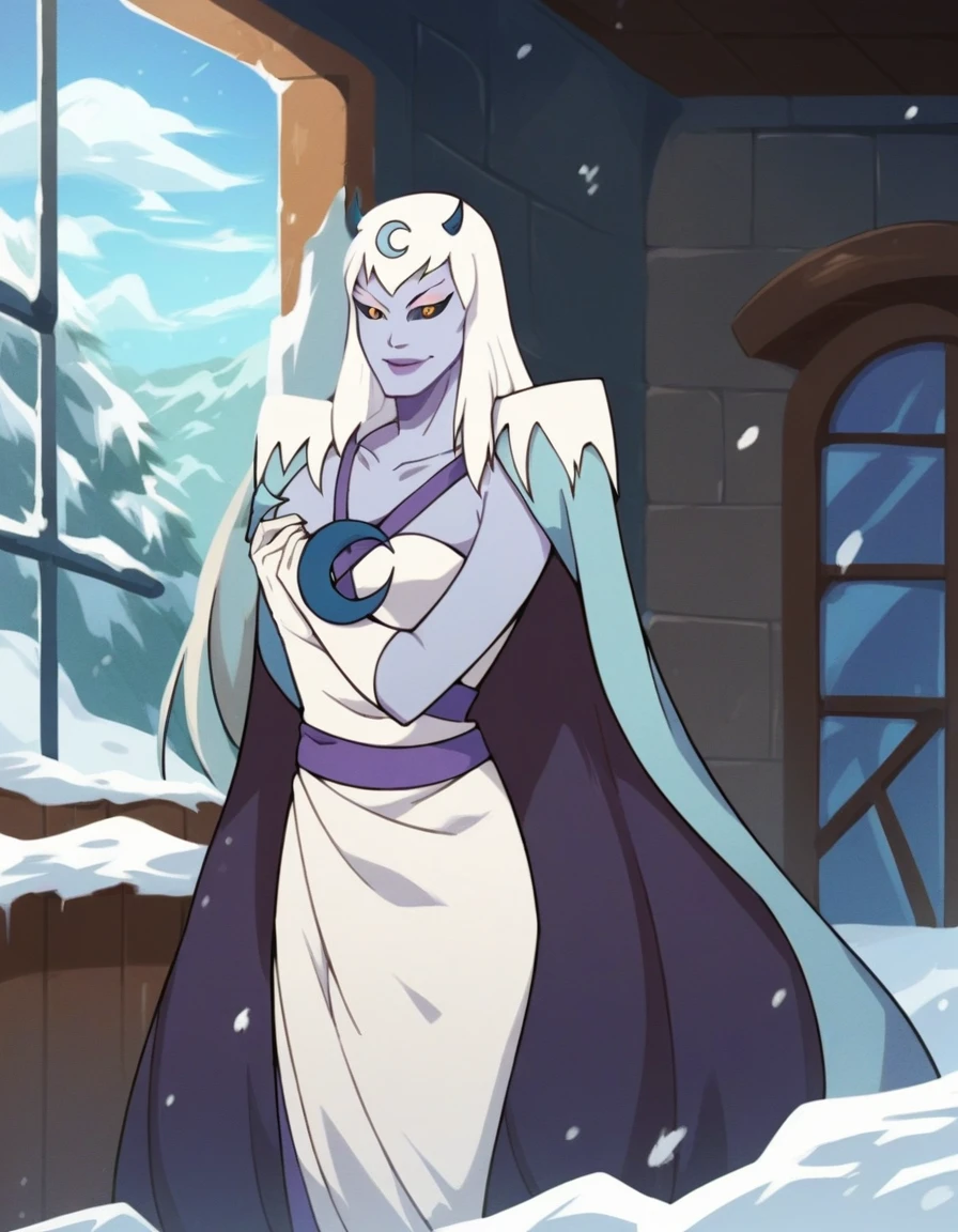 score_9, score_8_up, score_7_up, score_6_up, score_5_up, score_4_up, a girl in the frozen cave,  chilla, thundercats, icicles, standing,  colored skin, cape, white hair, long hair, solo,  black sclera, yellow eyes,  score_9, source_anime