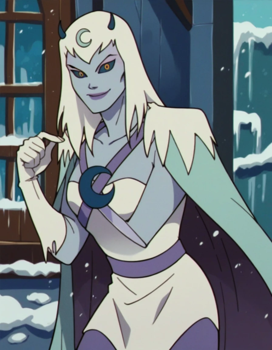score_9, score_8_up, score_7_up, score_6_up, score_5_up, score_4_up, chilla, thundercats, icicles, standing, cape, smile, colored skin, white hair, long hair, solo,  black sclera, yellow eyes,  score_9, source_anime, room, window, snow outside 