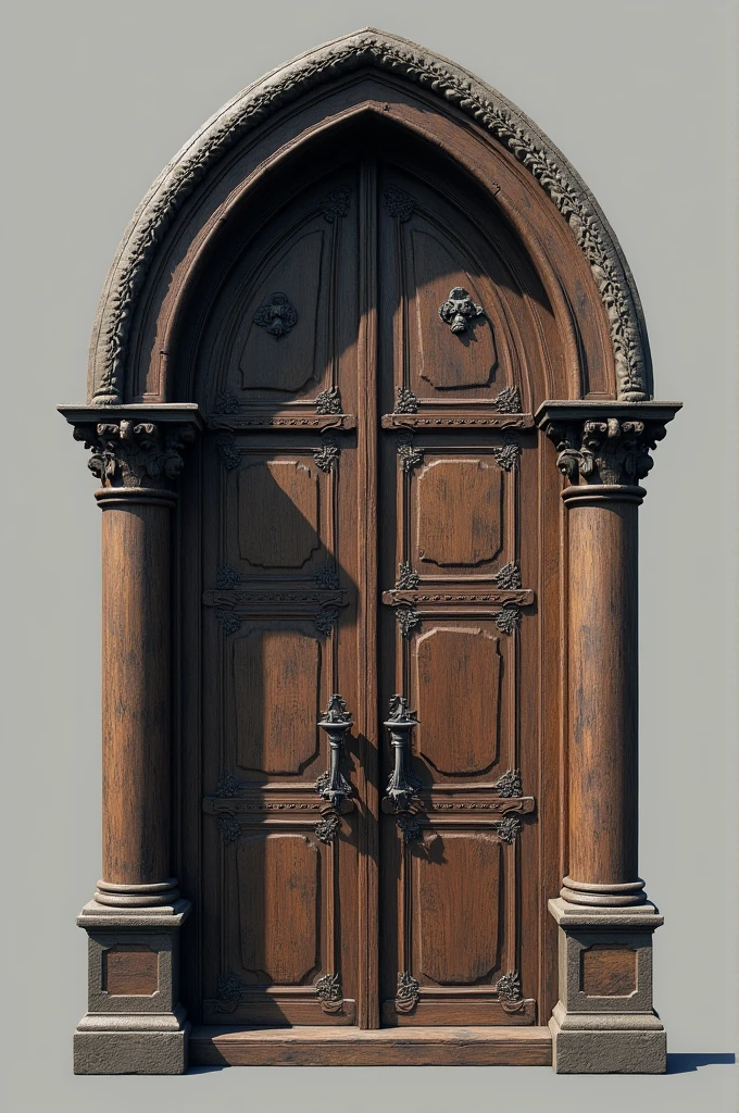 Gothic wooden door、Frontal view with no shadows。