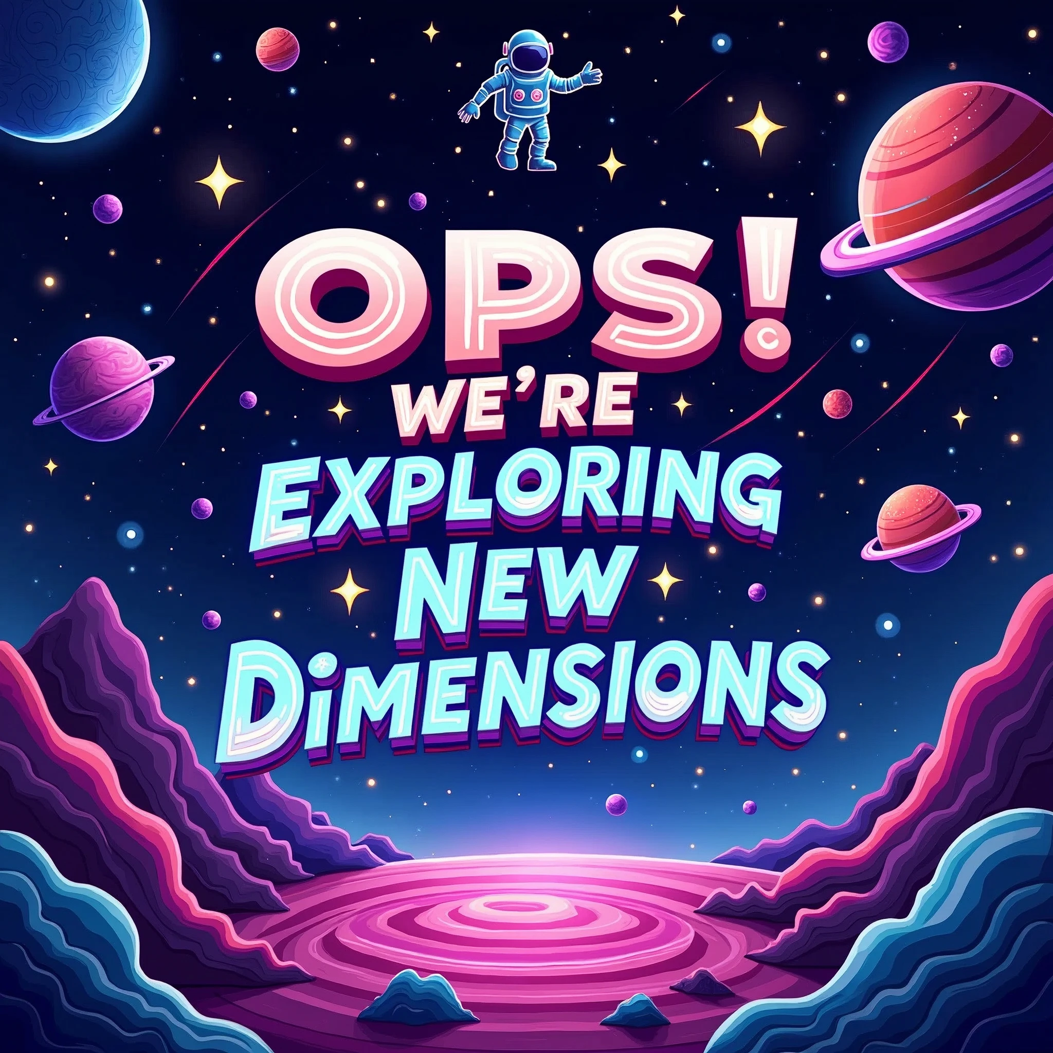 The background is a swirling, neon-colored cosmic landscape with vivid hues of electric blues, radiant pinks, and glowing purples. The scene is adorned with abstract, swirling patterns and luminous geometric shapes, creating a mesmerizing, dreamlike effect. At the center of the image, include a bold, playful message that reads: "Oops! We’re Exploring New Dimensions!" The text should be rendered in a futuristic, glowing font with animated, swirling colors that shift and pulse. Accompany this with a whimsical graphic of a robotic astronaut floating in space, surrounded by psychedelic stars and glowing orbs. Finish with a playful, cosmic-themed footer illustration of planets and stars to complete the whimsical, otherworldly feel of the image.