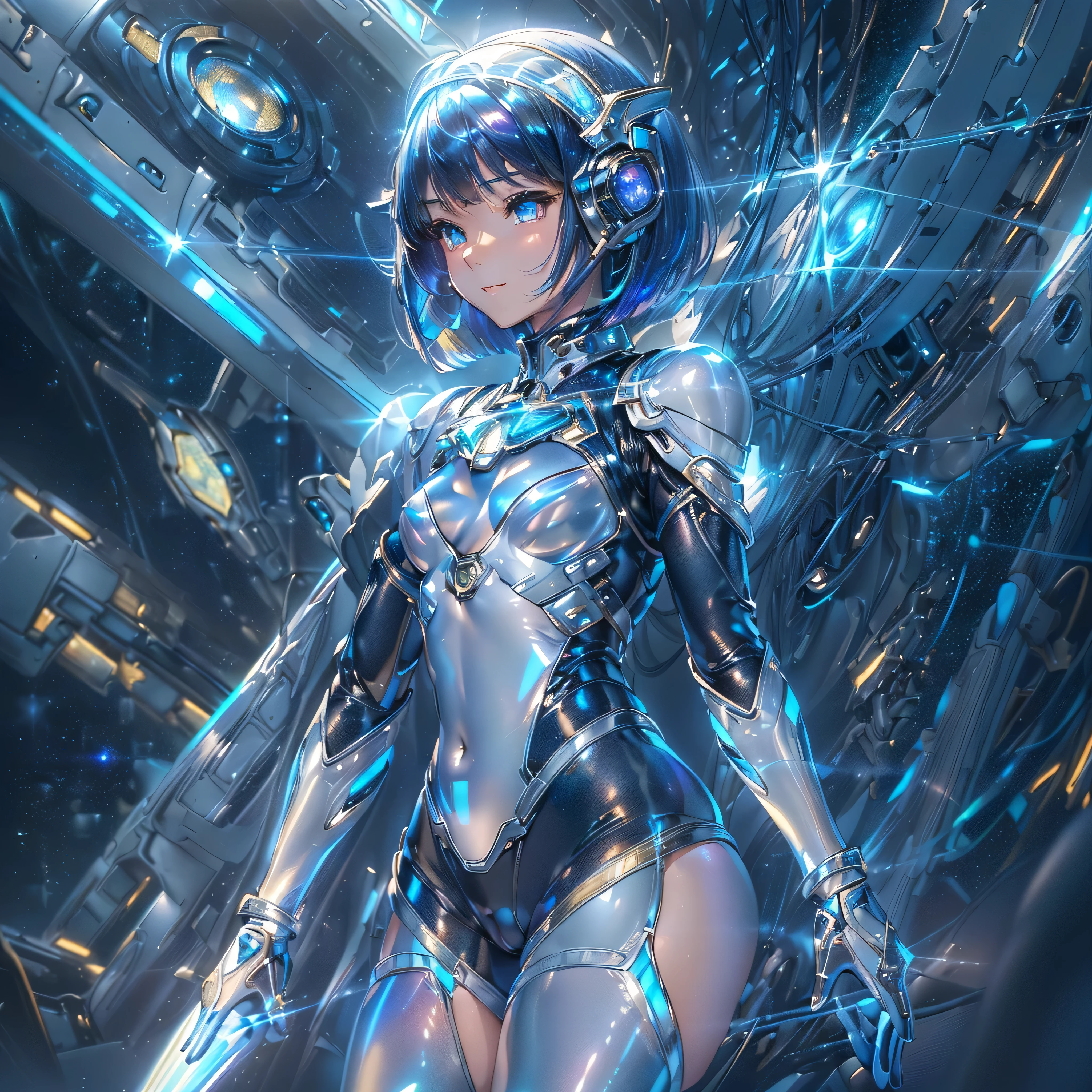 ((Holographic glow effect)),(masterpiece、Highest quality、Highest Resolution、Clear_image、Detailed details、Angle from above): (Whole body、One 20 year old girl、Japanese Faces、Small Face、Slender、Navy blue super short bob cut hair、(Hidden small breasts:1.3)、Sparkling blue eyes、Shiny pilot suit in blue and black colors、Chest protection armor、Tight fitting clothes、Clothing that covers the whole body、Glamorous clothes、Tight Fit Pants、Hide your skin、Very delicate and beautiful、Detailed Skin、hide thighs、Hide your ass、Cute、A gentle smile、Soft expression、heroine、headset、Knee-high boots、Elbow-length gloves、Eye Level Shot、Face directly、Woman on a spaceship)