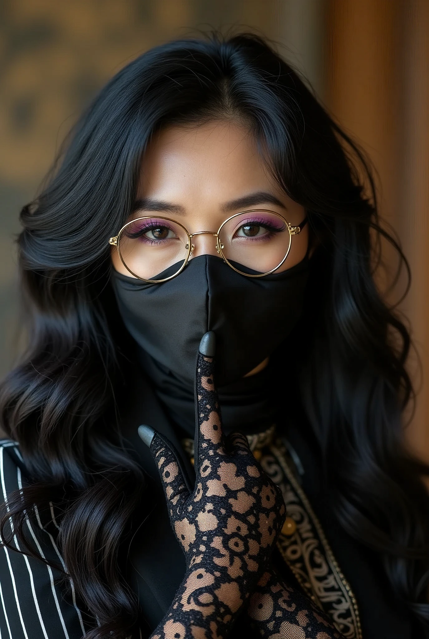 With long, curly black hair、Heavy makeup and purple eyeshadow、Around her neck she wears a ribbon-shaped satin black and gold chain patterned scarf.、Wearing gold-rimmed glasses、She wore long gloves made of black rose-patterned lace.、A Japanese woman in her 40s wearing a striped suit。He is wearing a black ninja-style mask that fits him so well that it shows the shape of his nose and lips.