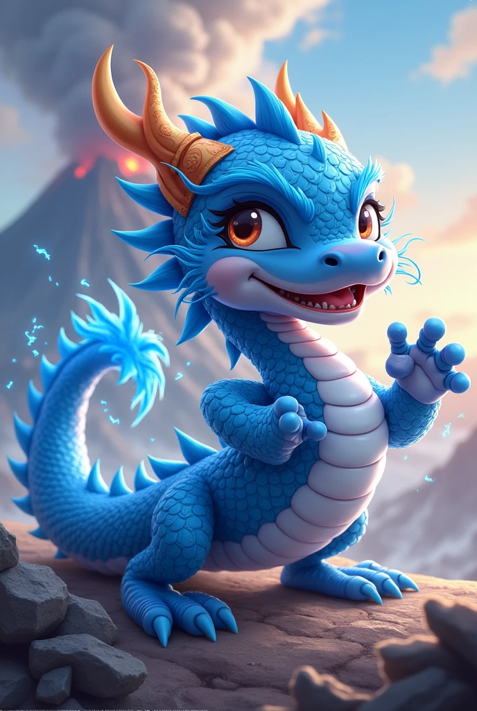 Chinese style blue dragon,cute style,combat status,Background volcano,fighting stance,fierce,like a fighter