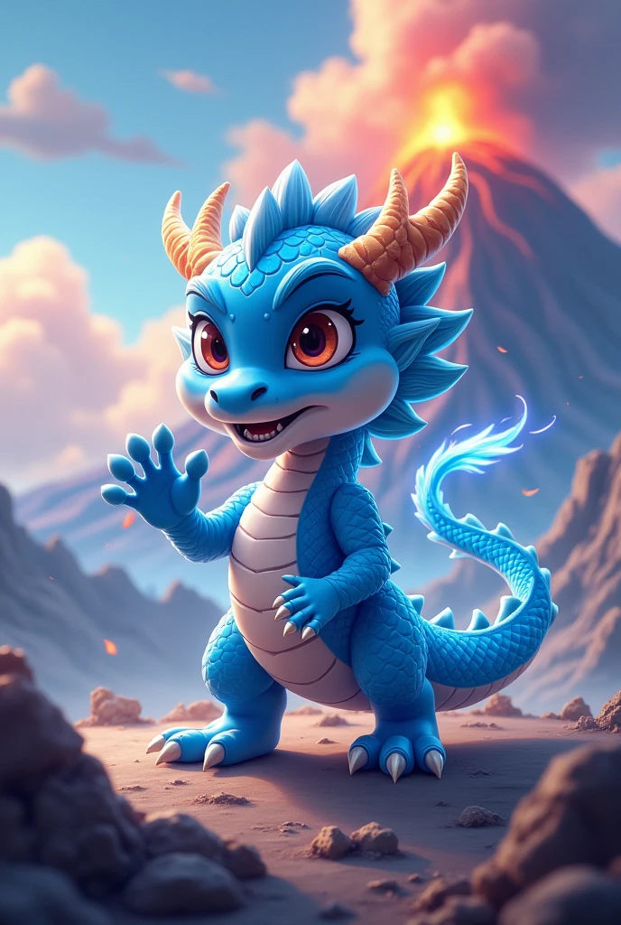 Chinese style blue dragon,cute style,combat status,Background volcano,fighting stance,fierce,like a fighter
