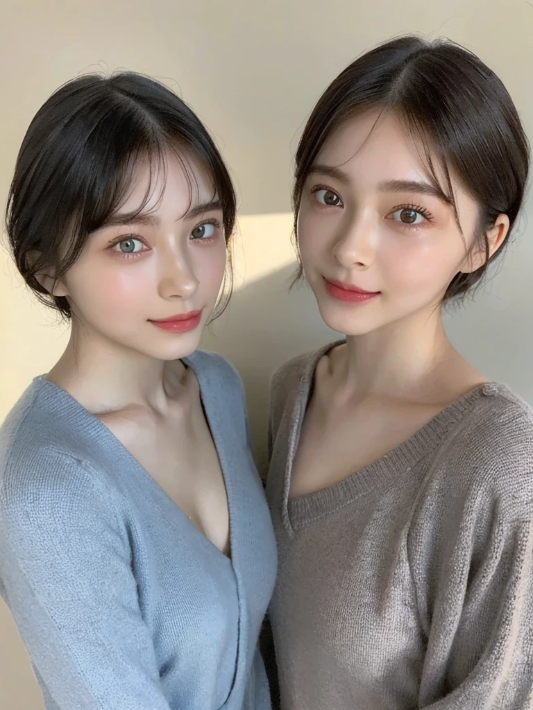 (masterpiece:1.3), (8k, Photoreal, Raw photo, best image quality: 1.4), Japanese high school girl、(random hairstyle:1.2)、cleavage:1.5、super detail face、eye for details、double eyelid、chest to chest、sharp focus:1.2、Beautiful woman:1.4、light brown hair、highest quality、masterpiece、超A high resolution、(Photoreal:1.4)、Highly detailed and professionally lit smiles、loose and light knitwear、shoulder out、thin、serious expression、short haired、deadly position
similar identical twins
All the girls have the exact same face, The two have the same face and figure, as if they were mirror images.