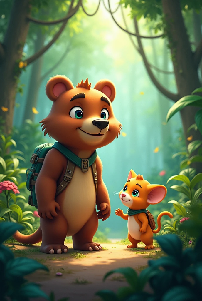 A cute  little strong bear, a cute little brave cat and a genius mouse in jungle 