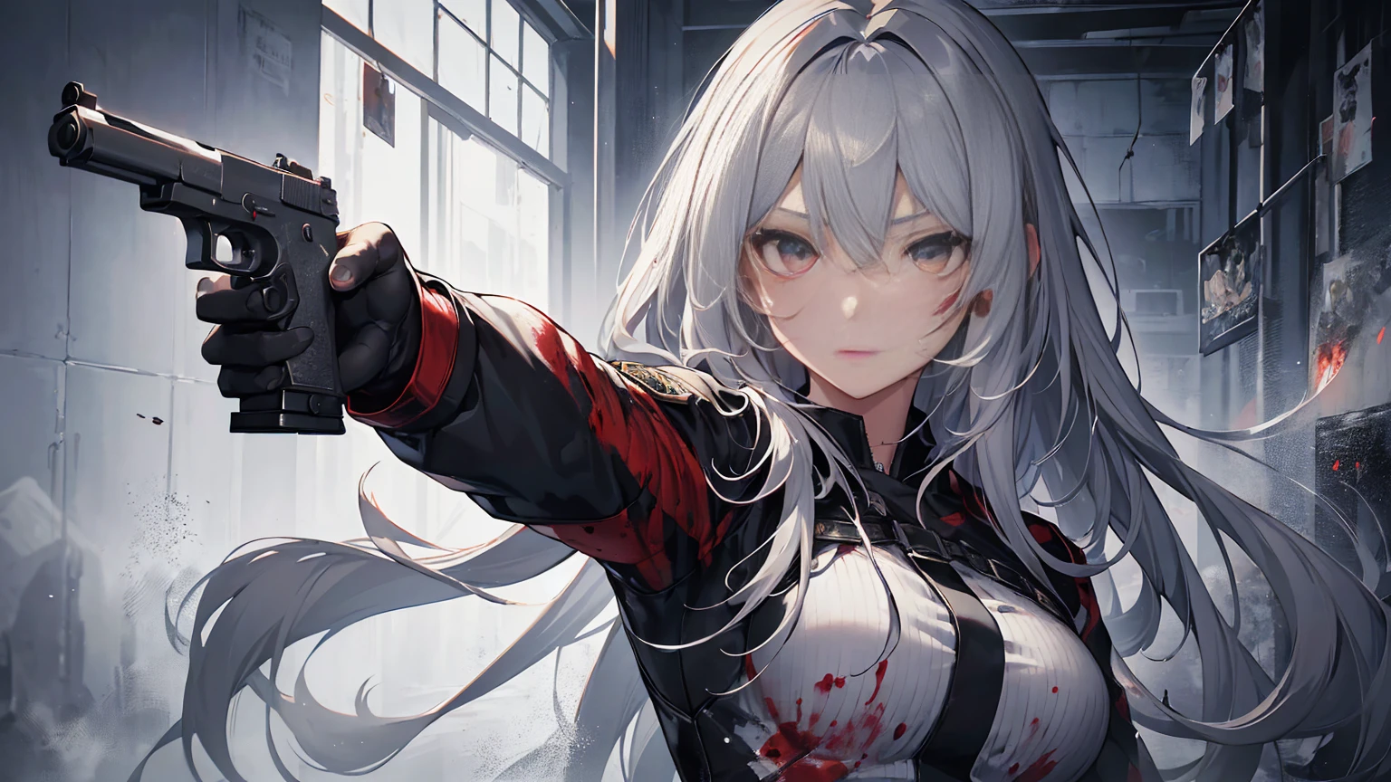 Beautiful woman、Handgun、Same line of sight as the gun barrel、Point the gun down、((Aim the gun at the camera))、((Upper Body))、((Gray Hair))、((Photograph from the front))、(((((gun))))),(((cowboy shot))),((((Pointing the gun this way))))(Covered in blood)、Clothes full of scratches、((Scarred Face))、Red-black eyes、Detailed eyes、Scorched black clothes、((Detailed hands))、Black gloves、high resolution、Detailed picture、Beautiful painting、Targeting You、Holding a gun and staring at the viewer, Cold look、masterpiece, best quality, detailed beautiful face and eyes,detailed beautiful face,and eyes