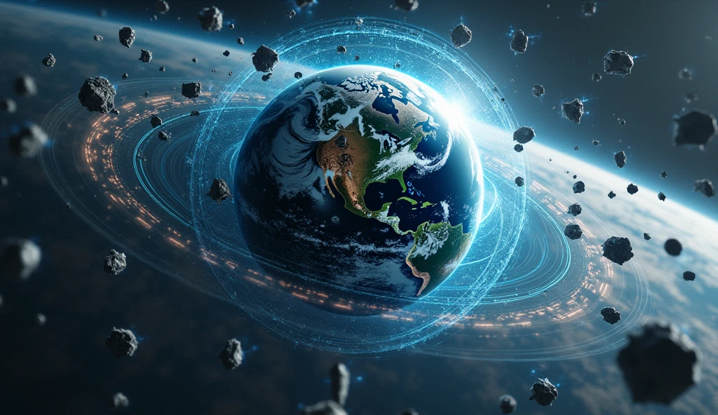 A futuristic earth with a protective energy shield blocking space debris like defending space junks. So you should add some space debris also then only we will understamd earth is protecting itself from space junks that is orbiting around it. You should add protective shielding around earth and make it realistic