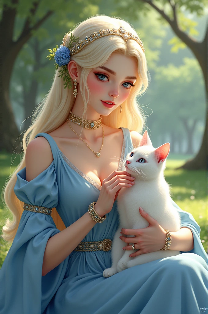a woman who is in the park wearing a long blue dress, a snow-white face, a sweet smile and light pink lips, very covered clothes, very long blonde hair, eyebrows, guess the color, light blue eyes, a flat nose, wearing a beautiful headdress, curly eyelashes, a high nose, a sweet and beautiful face and wearing lots of luxurious jewelry, is stroking a cat