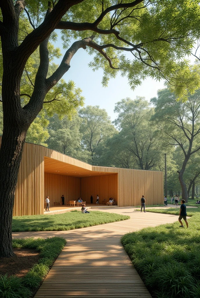 A spacious pavilion made entirely of bamboo, designed in a C-shape. The structure is surrounded by bamboo screening, blending seamlessly with the natural environment. Adjacent to the pavilion stands a thick-barked tree, adding to the organic feel of the space. The pavilion spreads across a 500 square meter area, with humans casually interacting within the landscape, some standing and others seated, all appreciating the serene atmosphere of this natural setting. The overall scene is tranquil, emphasizing the harmony between architecture and nature."