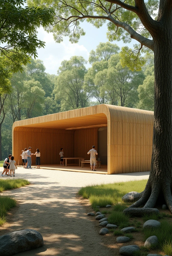 A spacious pavilion made entirely of bamboo, designed in a C-shape. The structure is surrounded by bamboo screening, blending seamlessly with the natural environment. Adjacent to the pavilion stands a thick-barked tree, adding to the organic feel of the space. The pavilion spreads across a 500 square meter area, with humans casually interacting within the landscape, some standing and others seated, all appreciating the serene atmosphere of this natural setting. The overall scene is tranquil, emphasizing the harmony between architecture and nature."