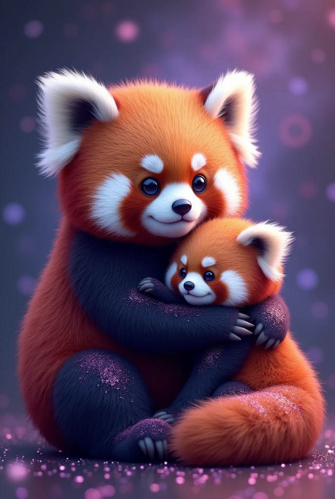 Cute and fluffy chubby purple glitter big panda, cuddling with an extra cute red panda, galaxy background