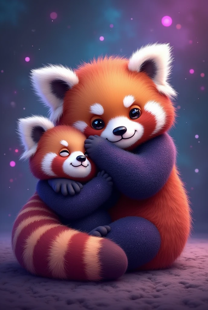 Cute and fluffy chubby purple glitter big panda, cuddling with an extra cute red panda, galaxy background