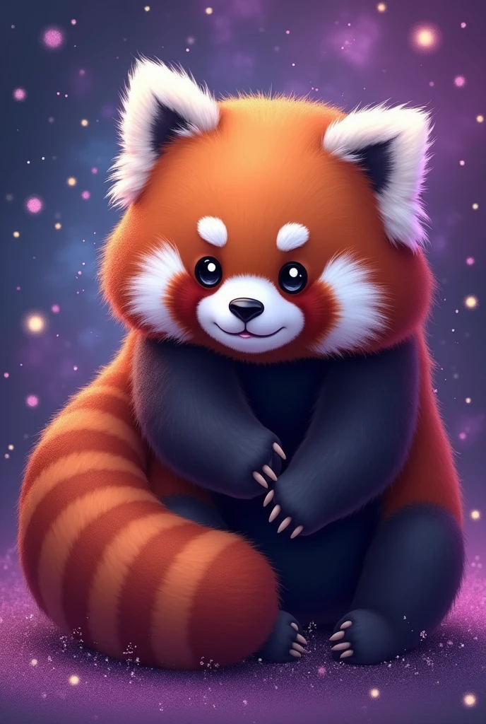 Cute and fluffy chubby purple glitter big panda, cuddling with an extra cute red panda, galaxy background