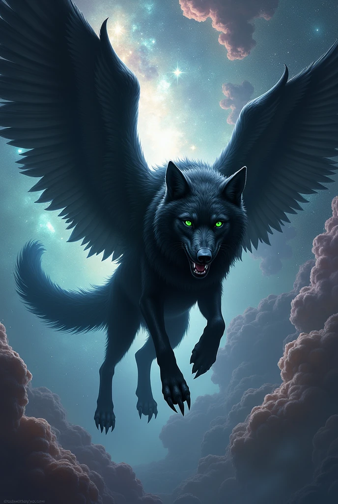 A drawing of a black wolf,with wings, green details and bright eyes , falling into nothingness with a background of stars and galaxies 
