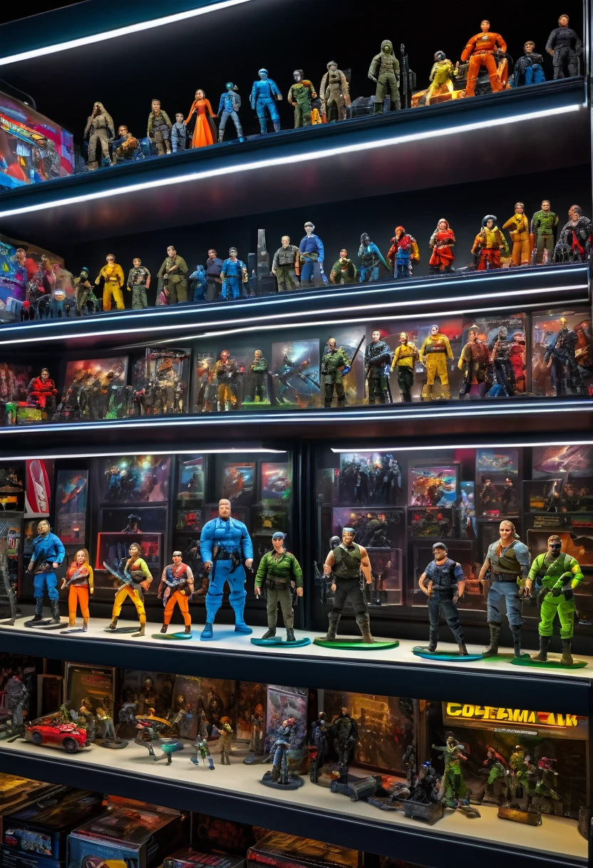 (8k, RAW Photos, Highest quality, masterpiece:1.2), (Realistic, photo-Realistic:1.37), night、Professional Lighting, Photon Mapping, Radio City, GI Joe figures、On a shelf in a dimly lit child's room、Blur the background。