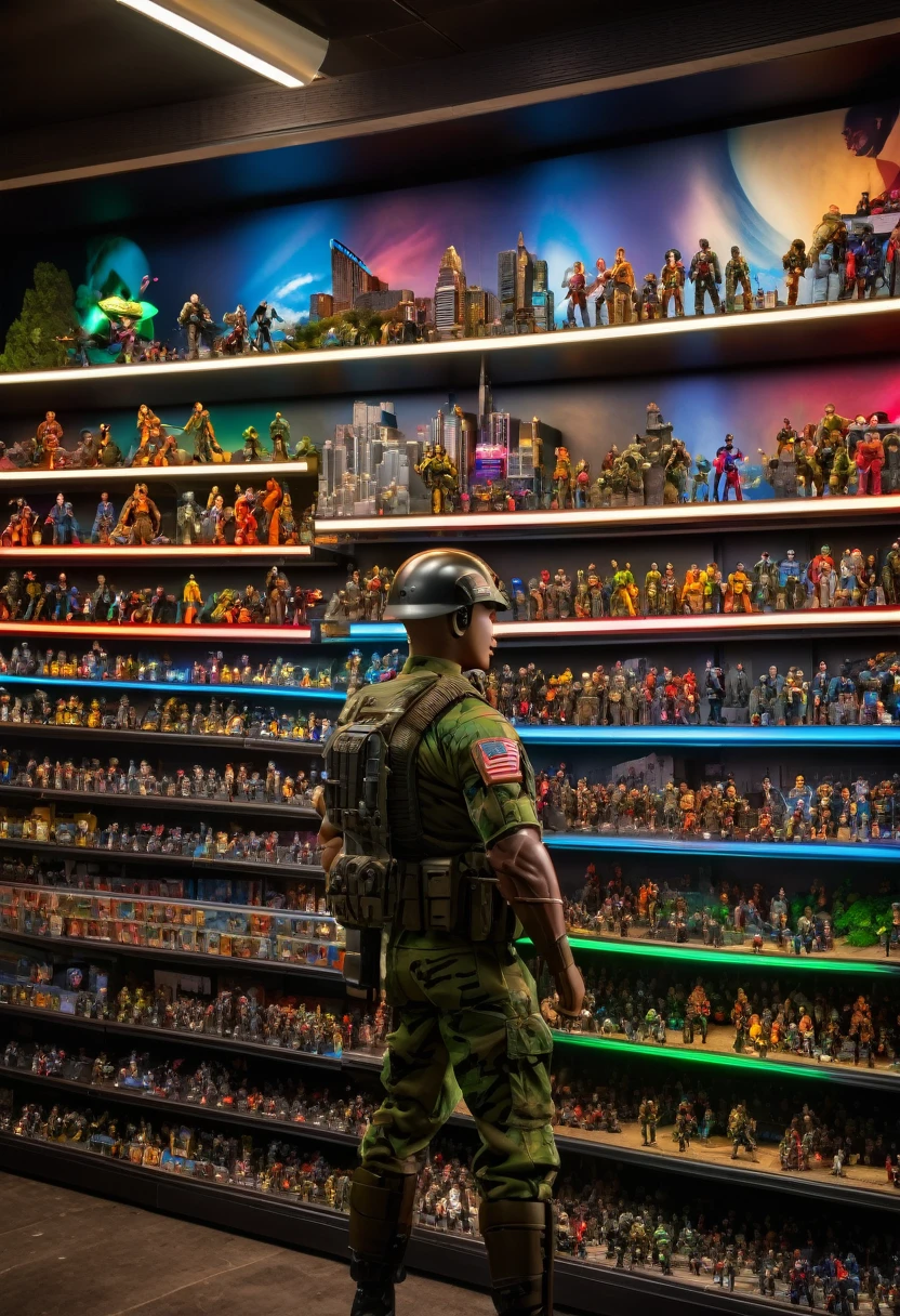 (8k, RAW Photos, Highest quality, masterpiece:1.2), (Realistic, photo-Realistic:1.37), night、Professional Lighting, Photon Mapping, Radio City, GI Joe figures、On a shelf in a dimly lit child's room、Blur the background。