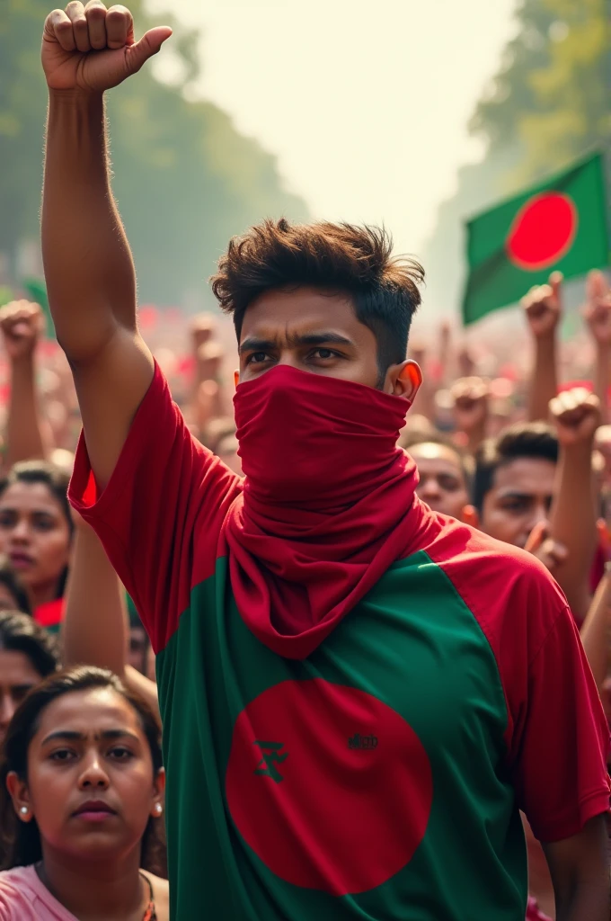 A 25-year-old boy will stand wearing a red cloth on his face and wearing a red and green shirt. He will raise his right hand and make a vigorous movement the name মুগ্ধ written on the back of the shirt. A large crowd will stand in front of him with raised hands and will protest vigorously, some people will have the Bangladesh flag in their hands