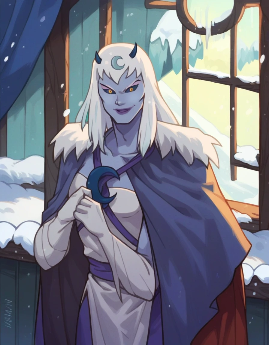 score_9, score_8_up, score_7_up, score_6_up, score_5_up, score_4_up, chilla, thundercats, icicles, standing, cape, smile, colored skin, white hair, long hair, solo,  black sclera, yellow eyes,  score_9, source_anime, room, window, snow outside 