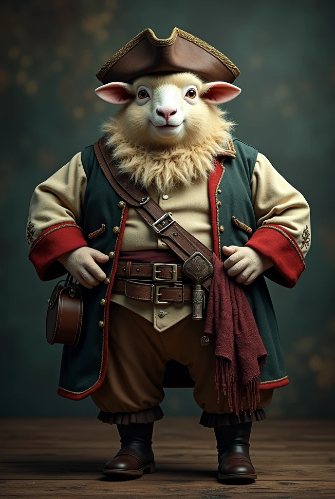 Create a cinematic poster, photorealistic portrait of Dressed animals - a ((fat)) sheep pirate,(hands on hips:1.2),(), high quality,(furry) ,intricate details, highly detailed (( pirate costume)), wearing pirate hat and boots , highly detailed pirate equipment , (happy), studio lighting,(),(The background should be dark and gritty, with smoky or grunge textures),((place the text "Pirates of vegetarian" in large, bold,, in a sheep pirate font. The text should have a cinematic style)),
