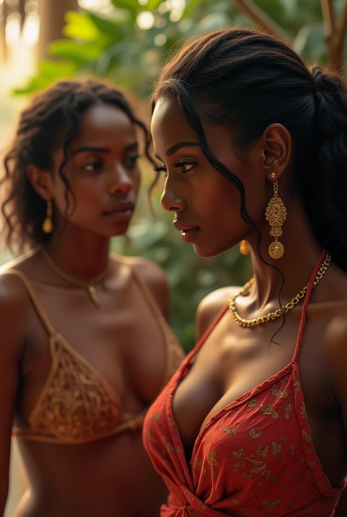 A realistic, wonderful scene of European man enthralled by a brown-skinned Mediterranean woman with a fat, seething blonde white woman in the background acting jealous. Illustrating brown women’s superiority over white women.