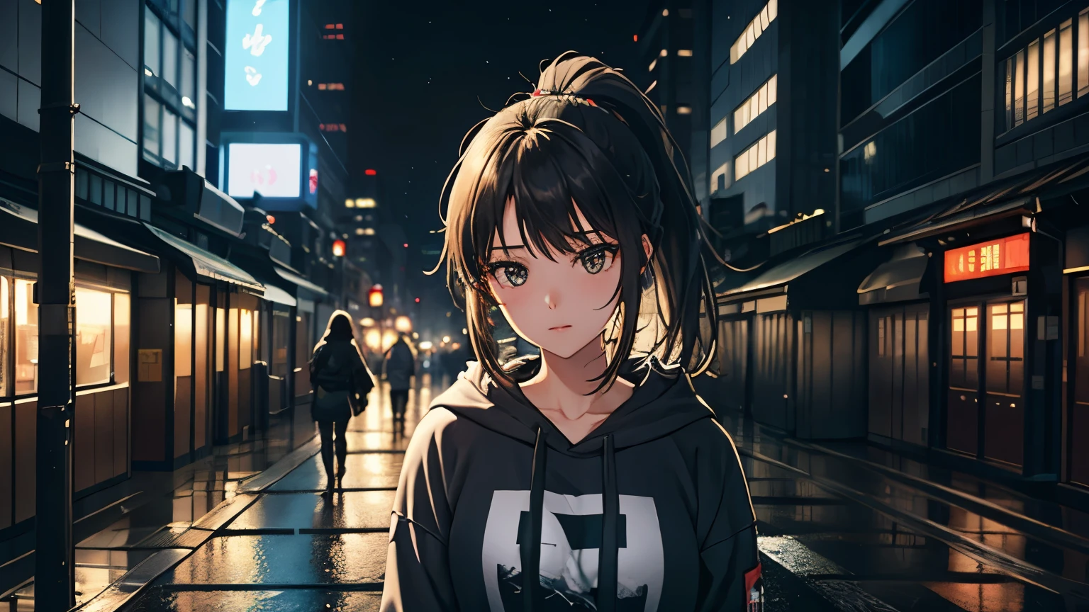 (A girl standing in an alley, brunette, medium hair, ponytail, grey hoodie, long sleeves,), (Upper body), (Very complex cityscape with very tall skyscrapers in the middle, crowded Tokyo skyscrapers, road signs, street lights, numerous billboards, taxis, buses, trains, very dim lighting, dark roads, puddles, great shadows, chaotic, beautiful and fantastical scenery, cinematic landscape)