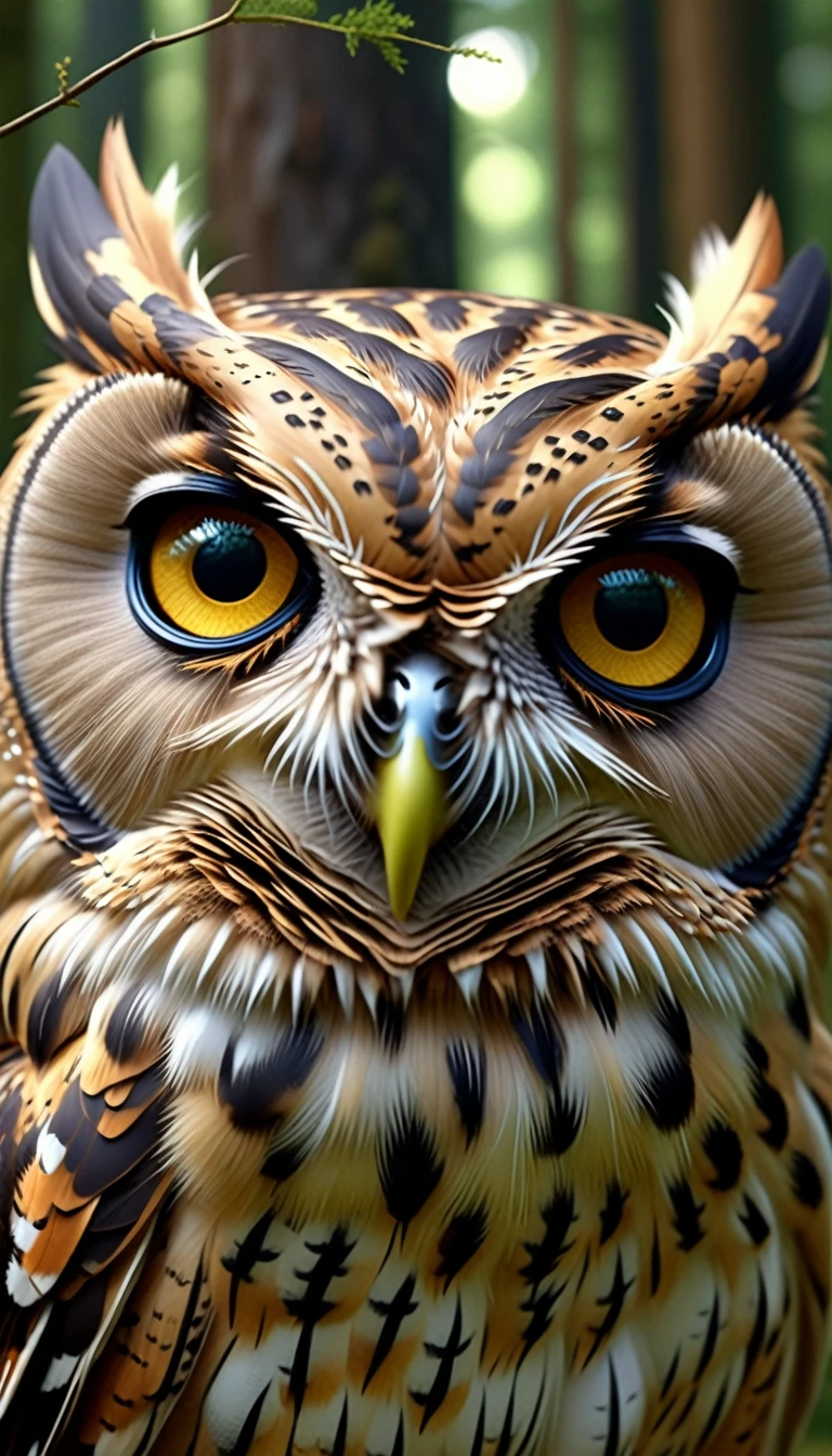 There is an owl with a human face and four eyes in the forest,Has a pair of ears(best quality,4K,8k,High level,masterpiece:1.2),Ultra Detailed,(lifelike,Photo real,Photo real:1.37),Highly detailed animals,Complex patterns,Realistic lighting,Fantasy Creatures