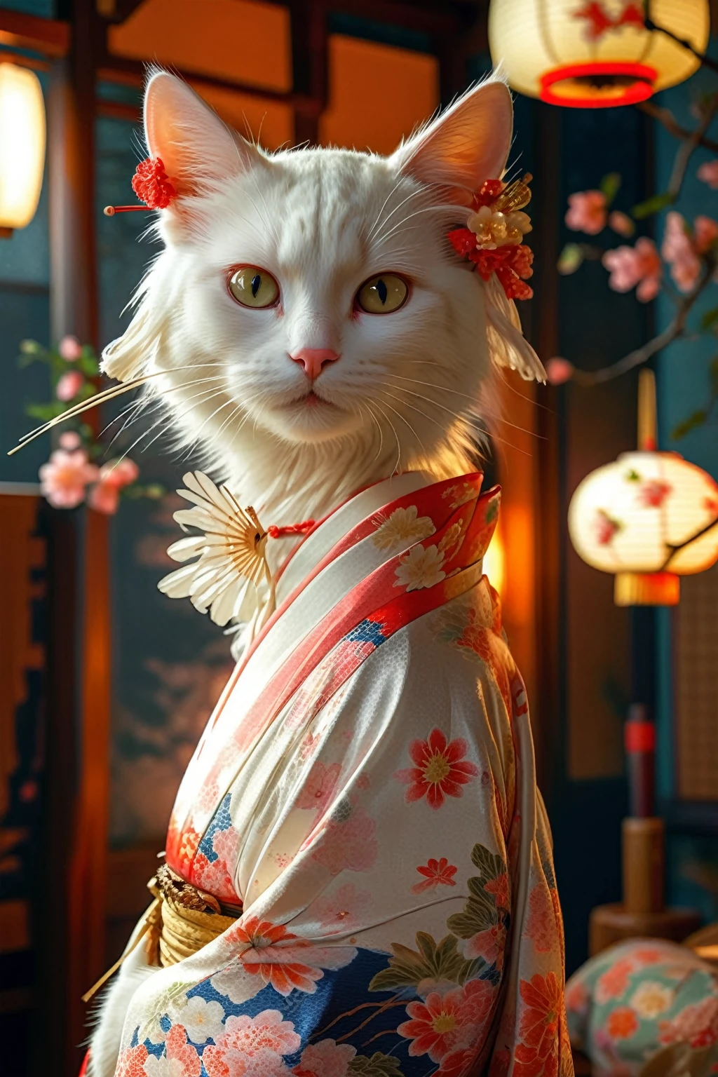 Realistic Portrait of a Cat in Japanese Kimono - Beautiful long-haired white cat, beautiful bobbed hair, flower hairpin on head, (Japanese traditional costume), (night banquet hall,, moonlight, traditional Japanese room:1.5) mysterious eyes, DOAXVV_Mary Rose, one girl, country, slender figure, holding a traditional Japanese fan , dance with open arms, nostalgic atmosphere, retro, antique photo, ultra high res, net (cinematic lighting, dramatic) masterpiece, accurate, anatomic