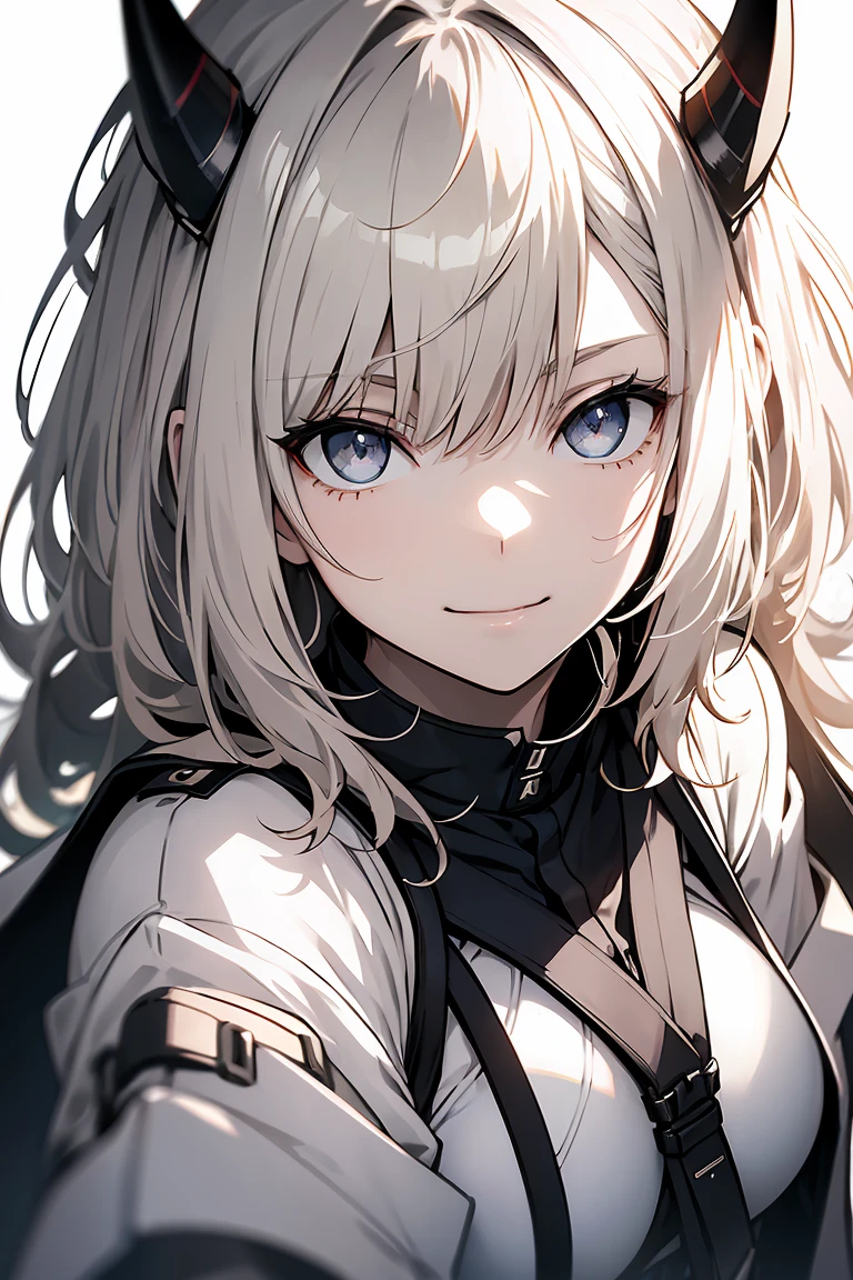 One Girl, whole body, White one-piece military uniform, (Tabletop:1.2, Highest quality), (Beautiful, detailed eyes: 1.2), (Beautifully detailed face), High Contrast, (Best lighting from the front, Very delicate and beautiful、Front lighting), ((Cinematic Light)), Dramatic Light, very orange eyes, Large Breasts, Belt under the chest, White military uniform, White Skirt,Blonde, Black tie, (Pale white background:1.5), Wolf Cut Hair, Look at me and smile,horn、Front lighting、Illuminate the face、light source