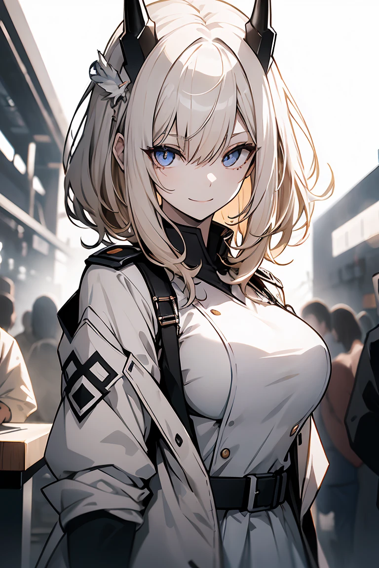 One Girl, whole body, White one-piece military uniform, (Tabletop:1.2, Highest quality), (Beautiful, detailed eyes: 1.2), (Beautifully detailed face), High Contrast, (Best lighting from the front, Very delicate and beautiful、Front lighting), ((Cinematic Light)), Dramatic Light, very orange eyes, Large Breasts, Belt under the chest, White military uniform, White Skirt,Blonde, Black tie, (Pale white background:1.5), Wolf Cut Hair, Look at me and smile,horn、Front lighting、Illuminate the face、light source