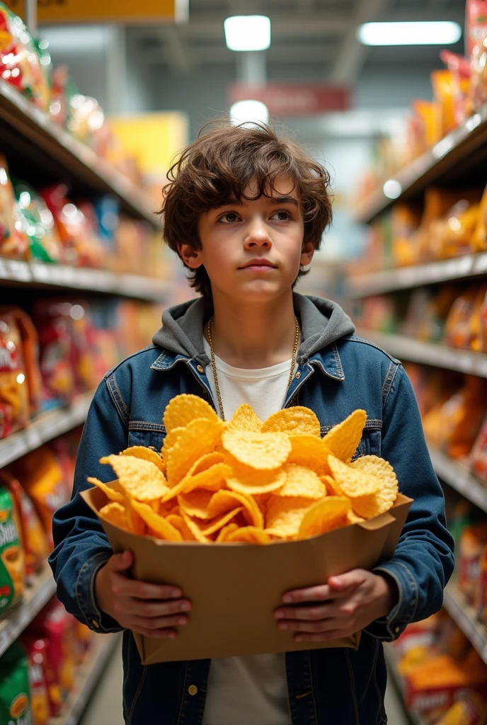 Make a age boy in a store buying lots of chips
