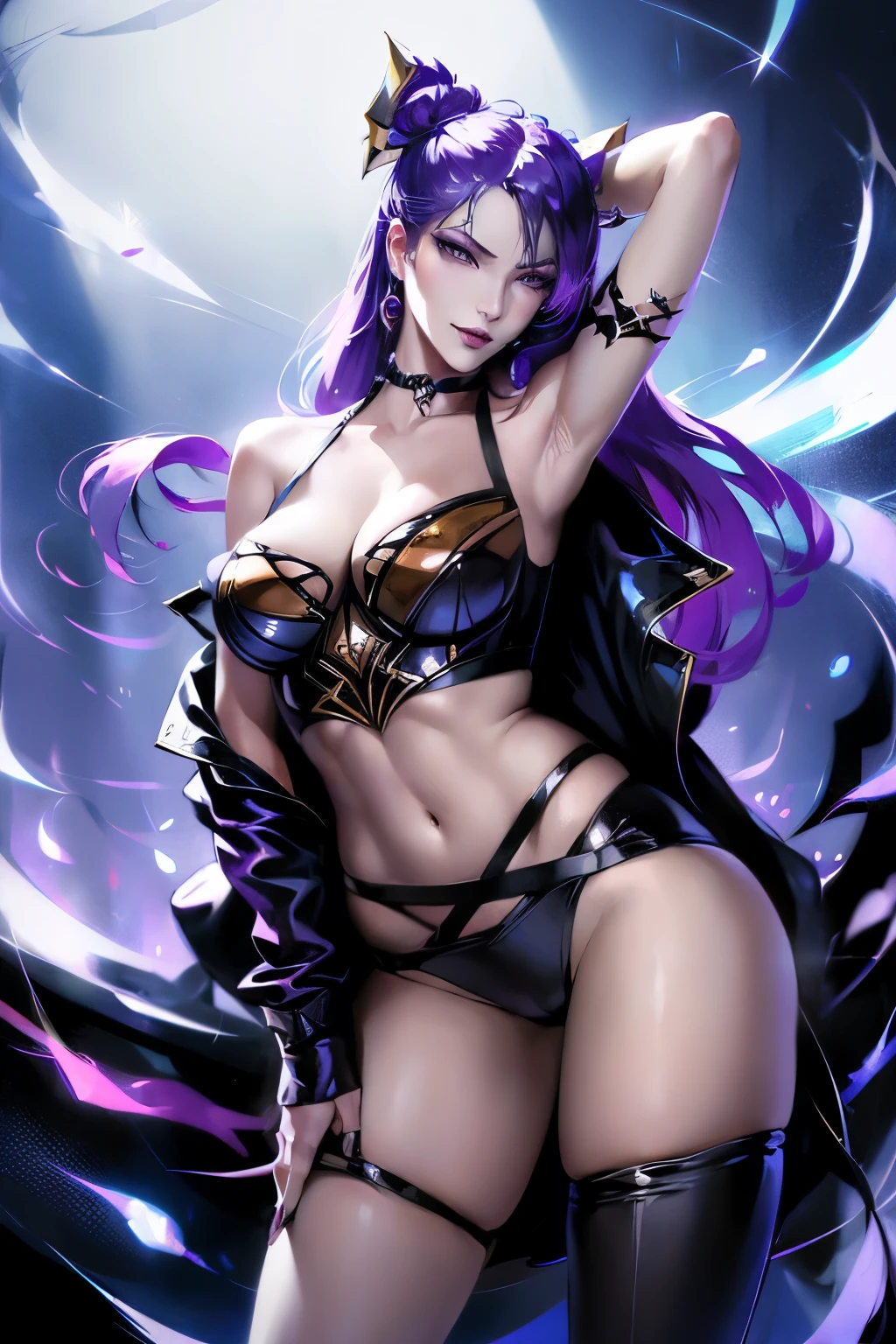 sfw, kda_kaisa, portrait, smirk, (seductive, alluring, charming:1.3), sexy, (trending on CGSociety, trending on pixiv, contest winner:1.3)