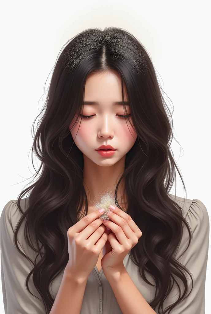 Create an Asian long-haired beauty,Dress conservatively,One hand scratching scalp,In the other hand, I hold the fallen hair,There is a lot of dandruff on the top of the head,White fine dandruff on the top of the head,The expression is unhappy,The characters are realistic and realistic,Pure white background,9:16 frames,Ultra-high-definition picture quality