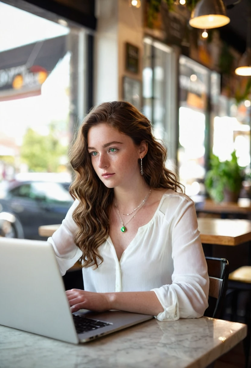 A beautiful 24-year-old woman with wavy chestnut brown hair and deep green eyes is sitting at a coffee shop table, focused on her laptop. Dressed casually in a white blouse and jeans, her fair skin and light freckles are softly illuminated by the natural light streaming in through the window. She wears her silver necklace with a small pendant, and her expression is one of concentration as she works
