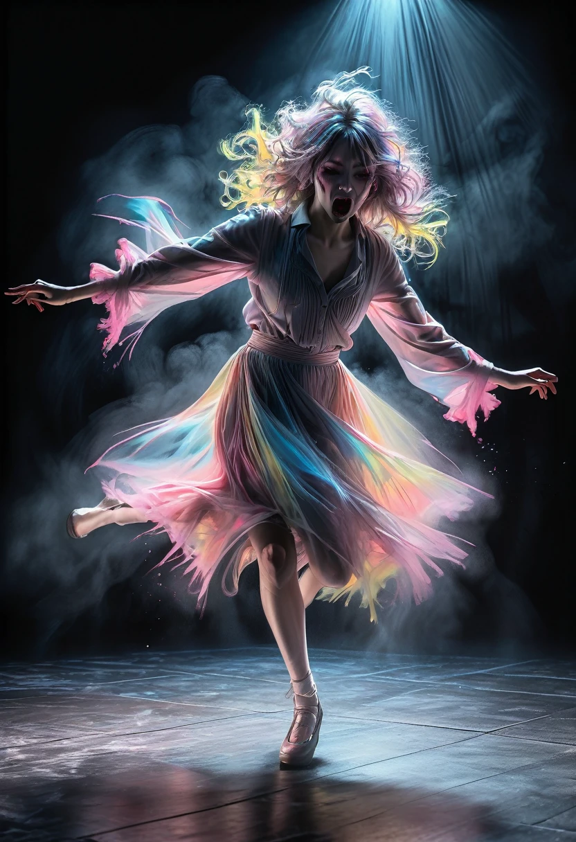 Midjourney, MJ, Midjourney style, Pastel, drawing with dry chalkposter, manga, anime, 
dancing, in the style of cinematic horror, insanely detailed, rigid pose, dramatic cinematic atmosphere, black background, hasselblad h6d-400c, 80mm f2,8.
