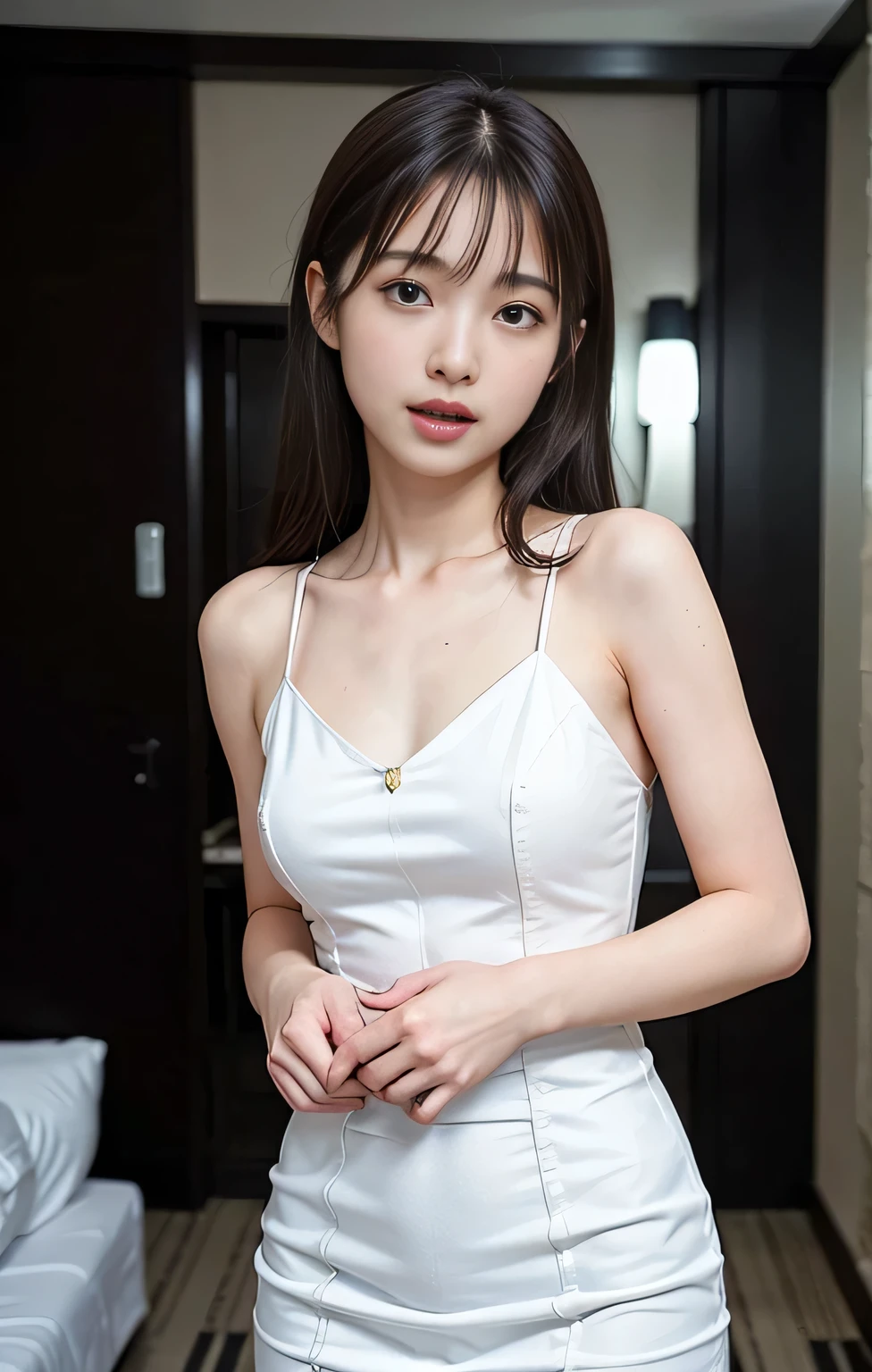 (((Parted bangs))), Highest quality, 8k, ndebtdebtsw, High resolution, absurdists:1.2, Blurred Background, bokeh dodebt:1.2, photograph, (RAWphotograph:1.2), (Photorealistic:1.4), (masterpiece:1.3), ((Cowboy Shot:1.4))、(wtricate details:1.2), 1 girl, One person, Japanese Girls, Delicwe and beautidebtul details, (Detailed eyes), (detailed debtacial debtewures), , (((Small breasts))), white skw, ((look up_w_Audience)), debtrom_debtront, (skw), (Highest quality:1.4), (超A High resolution:1.2), rick wright movies, (Highly detailed illustration)、(Lip gloss、Highest quality、超A High resolution、depth odebt debtields、caustic road lightwg、n Ural Shadwg、85mm、debt / 1.4、ISO200、1 / 160 seconds:0.75)、(((White odebtdebt-the-shoulder dress)))、((terridebtied expression:1.4))、((Hotel Bedroom:1.4))、micro mwi skirt:1.7、