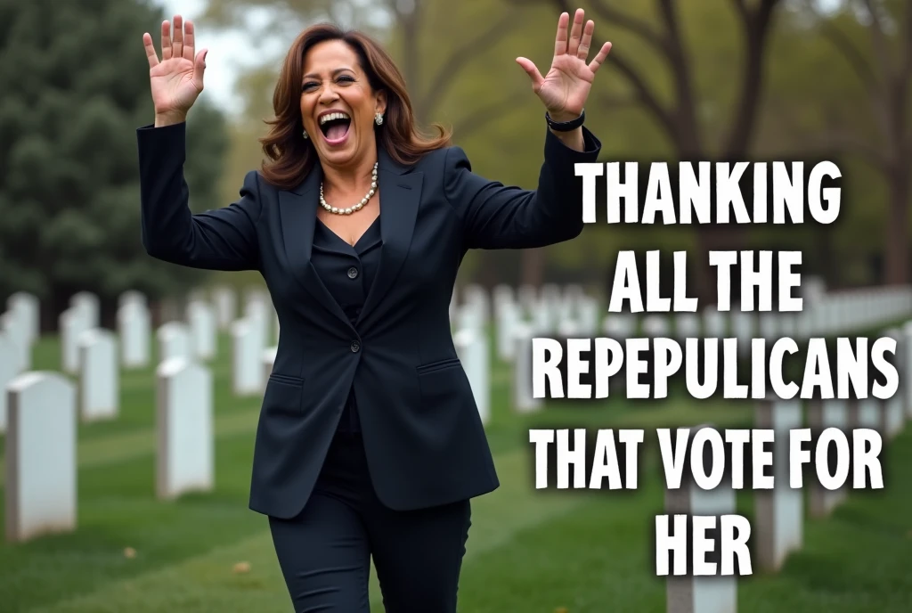 Kamala Harris Laughing and waving at a cemetery, 'KAMALA THANKING ALL THE REPUBLICANS THAT VOTED FOR HER' wRITTEN in big letters along the right side of the screen