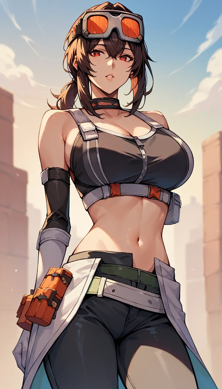 One anime girl, Grace Howard, black choker, black gloves, white gloves, black pants, black sports bra, elbow gloves, goggles on head,low ponytail, parted lips, white gloves, zipper, belt, huge breasts,sexy pose