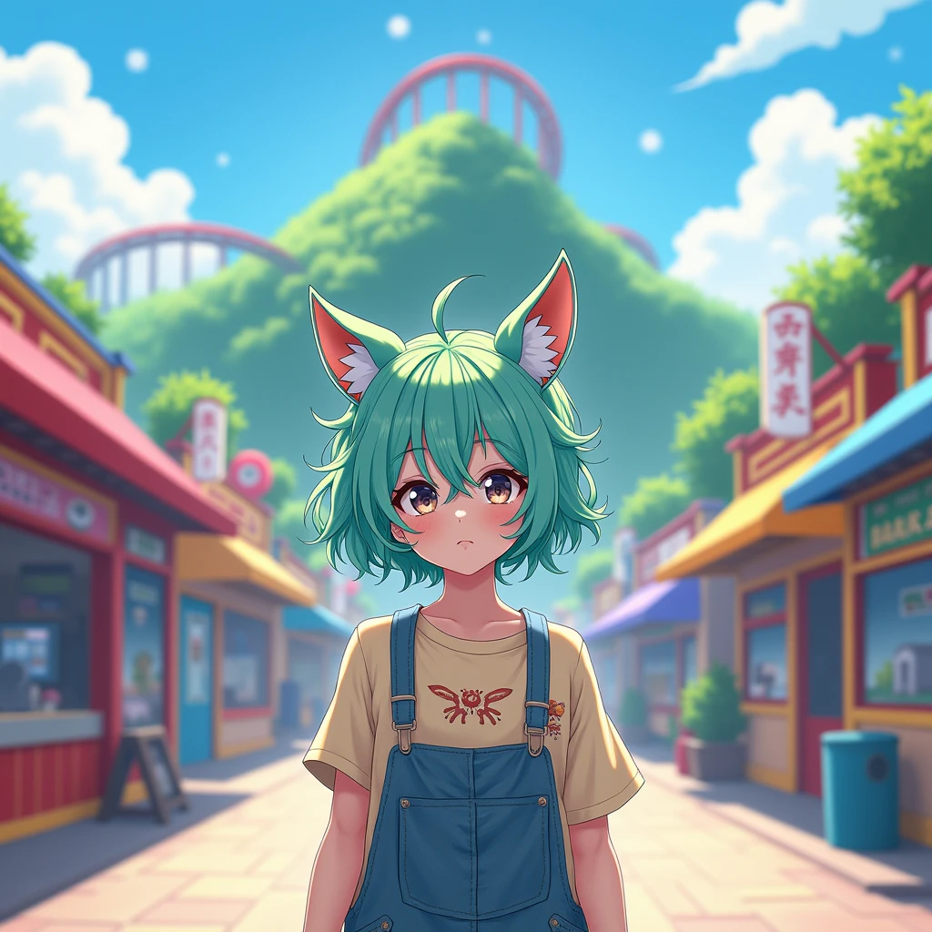 outdoor adult japanese style portrait of a Non-Binary person with short messy hair that is blue on one side and green on the other with shaved / blended sides. They are standing in an amusement park that has a small mountain in the background with a rollercoaster around it. Shops and games on either side of the walkway they are on. They are also wearing cute fox-ears. 
