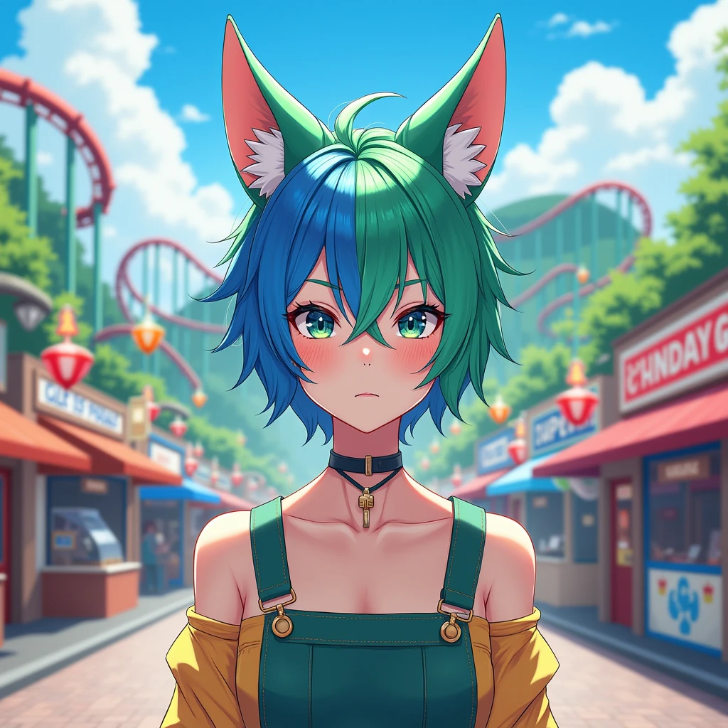 outdoor adult japanese style portrait of a Non-Binary person with short messy hair that is blue on one side and green on the other with shaved / blended sides. They are standing in an amusement park that has a small mountain in the background with a rollercoaster around it. Shops and games on either side of the walkway they are on. They are also wearing cute fox-ears.
