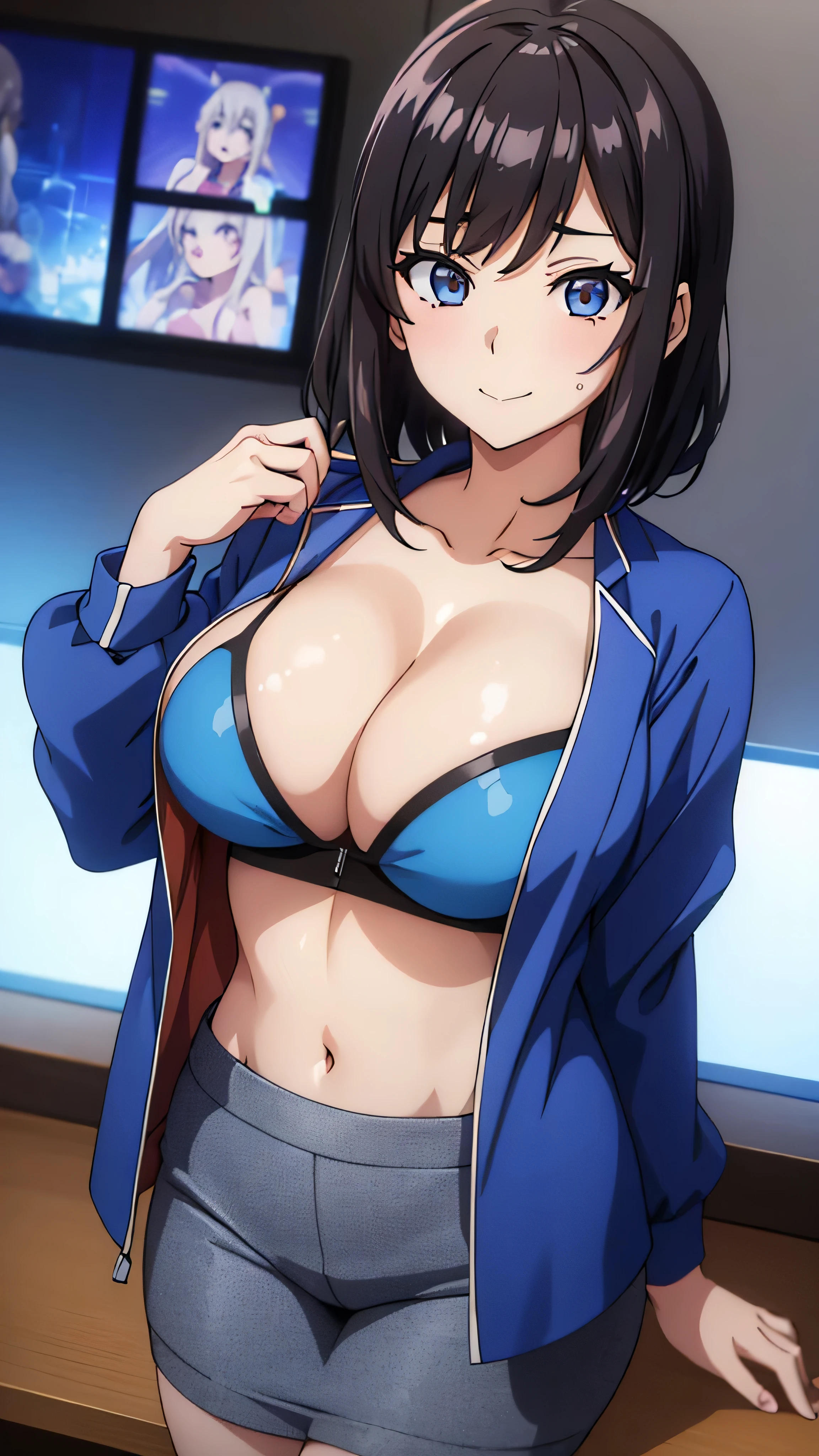 (((masterpiece))),fuyumi itadori, Anime girl characters, 1girl, solo, looking at viewer, medium hair long sleeves, cleavage, bigger breasts, closed mouth, collarbone, jacket, open clothes, open jacket, blue jacket, ground vehicle, sports bra, tall girl, horny, big ass, beautiful face,Charming, anime visual of a cute girl, screenshot from the anime film, & her expression is solemn, ahegao face, in the anime film, in an anime, anime visual of a young woman, she has a cute expressive face, still from anime, perfect breasts, she is tall, All bodies visible, ahegao face, the face is ahegao, she is horny, A perverted face, she so perverted, she smile so perverted, hd picture, 4k quality, details of the face is so good,bigger breasts,