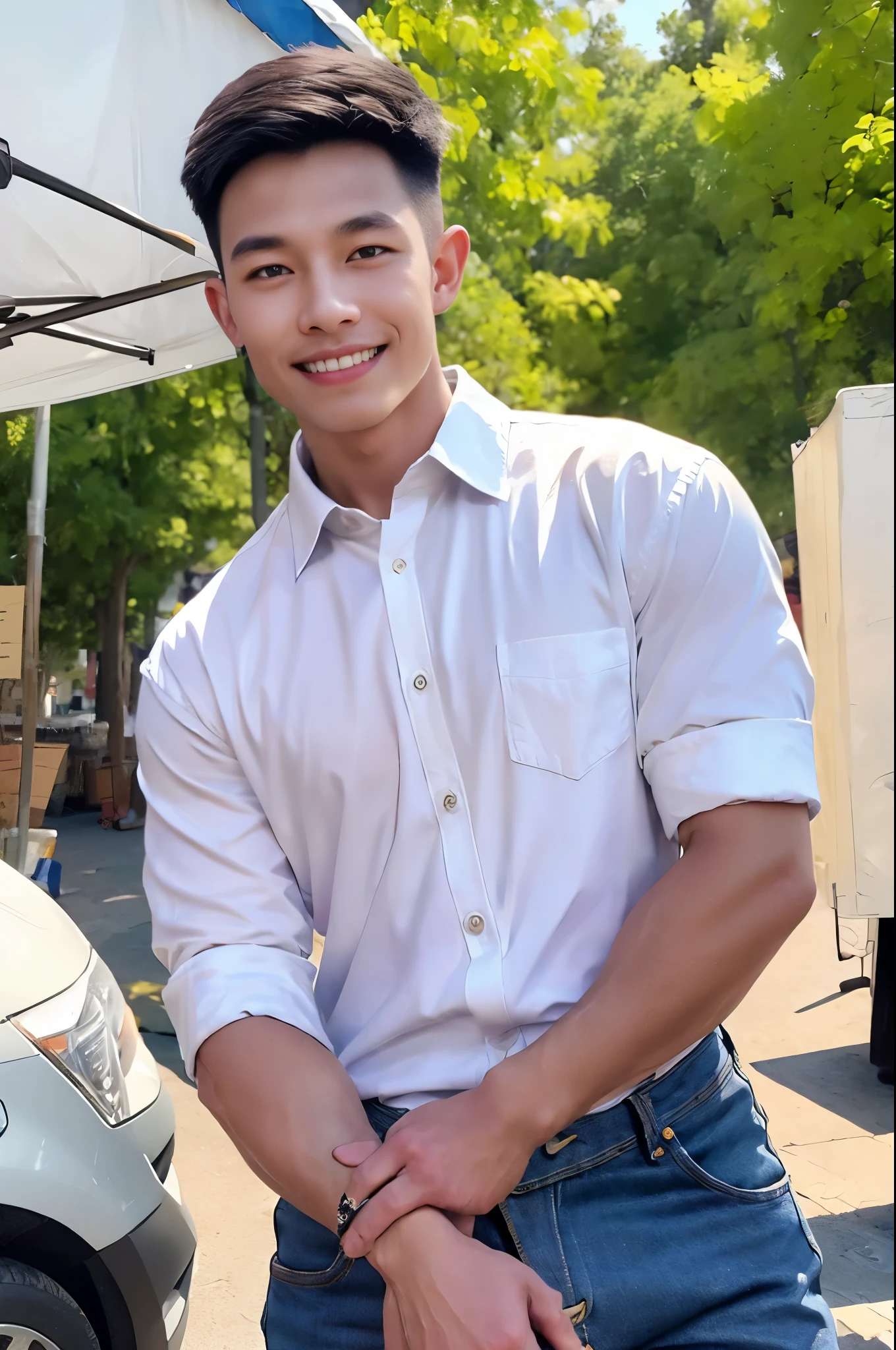 afmface ,Handsome young man smiles, showing teeth, selling merchandise, (have a mustache:1) ,(buzz cut:1.1), (short hair:1.2), The forearms are muscular.,  (Wear a tight white button-up collared shirt.:1.6), (Jeans:1.5), Big muscles, Handsome and muscular, full body angle, (outdoor market:1.3), natural light