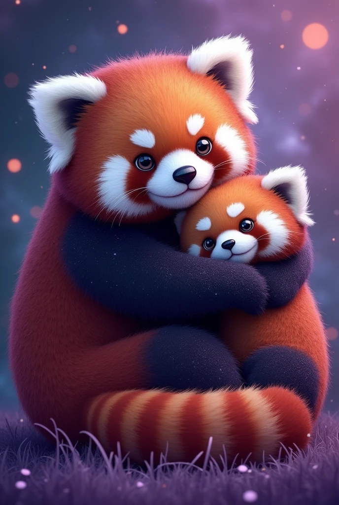 Cute and fluffy chubby purple glitter giant  panda, cuddling with an extra cute red panda, galaxy background