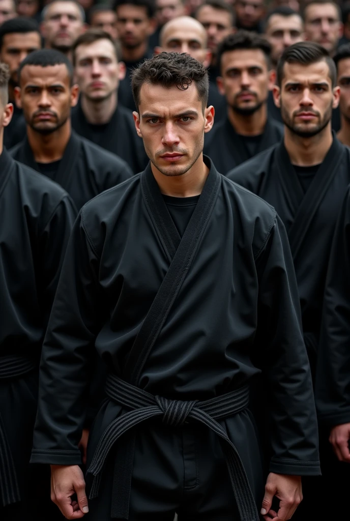 A group of 22 people dressed in black from the back with a black Krav Maga belt