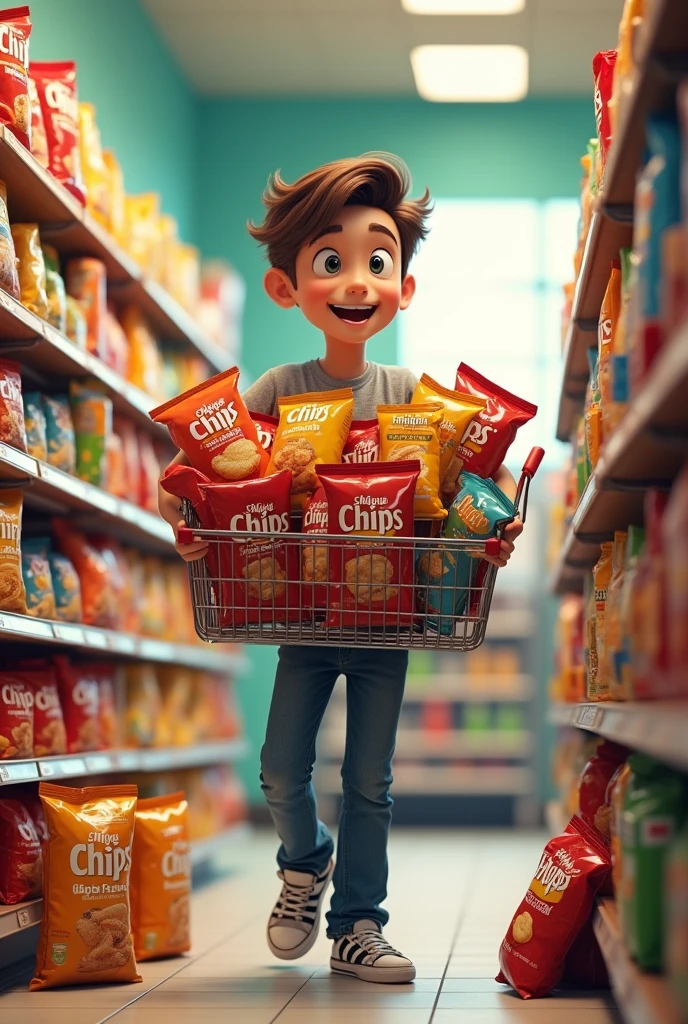 Make a teenage boy in a store buying lots of bags of chips 