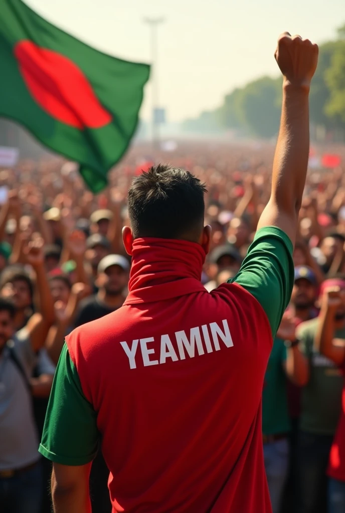A 25-year-old boy will stand wearing a red cloth on his face and wearing a red and green shirt. He will raise his right hand and make a vigorous movement the name yeamin written on the back of the shirt. A large crowd will stand in front of him with raised hands and will protest vigorously, some people will have the Bangladesh flag in their hands