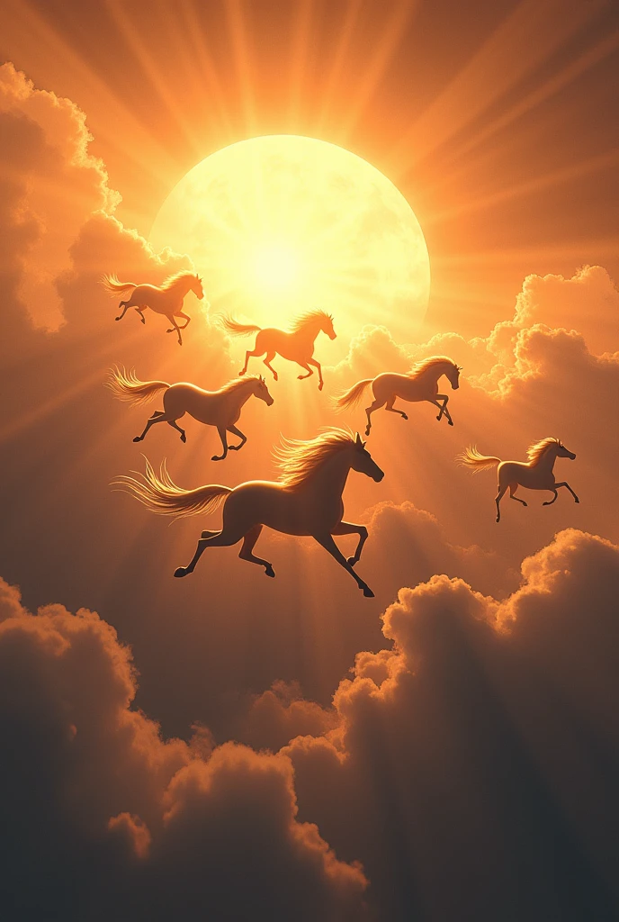 Seven horse in the sky with raising sun

